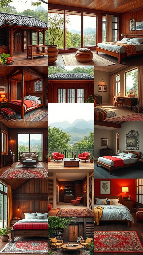 Collage of cherry-themed bedroom designs with wooden elements and natural light