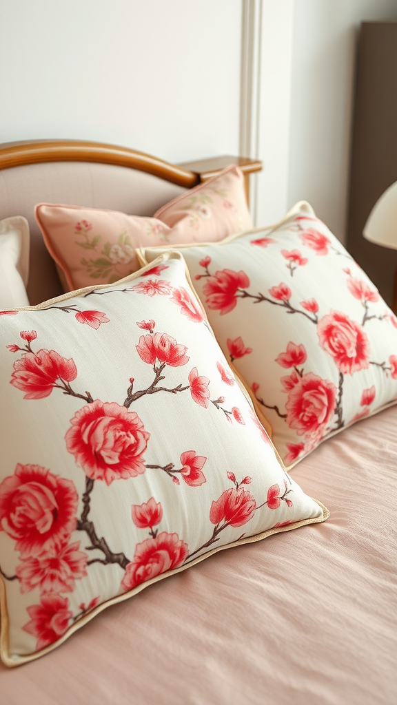 Beautiful cherry blossom accent pillows on a bed