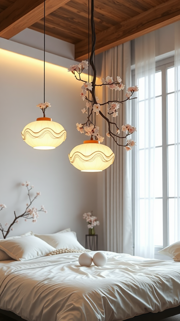 A cozy bedroom featuring cherry blossom inspired lighting fixtures with soft glowing lamps and blooming branches.