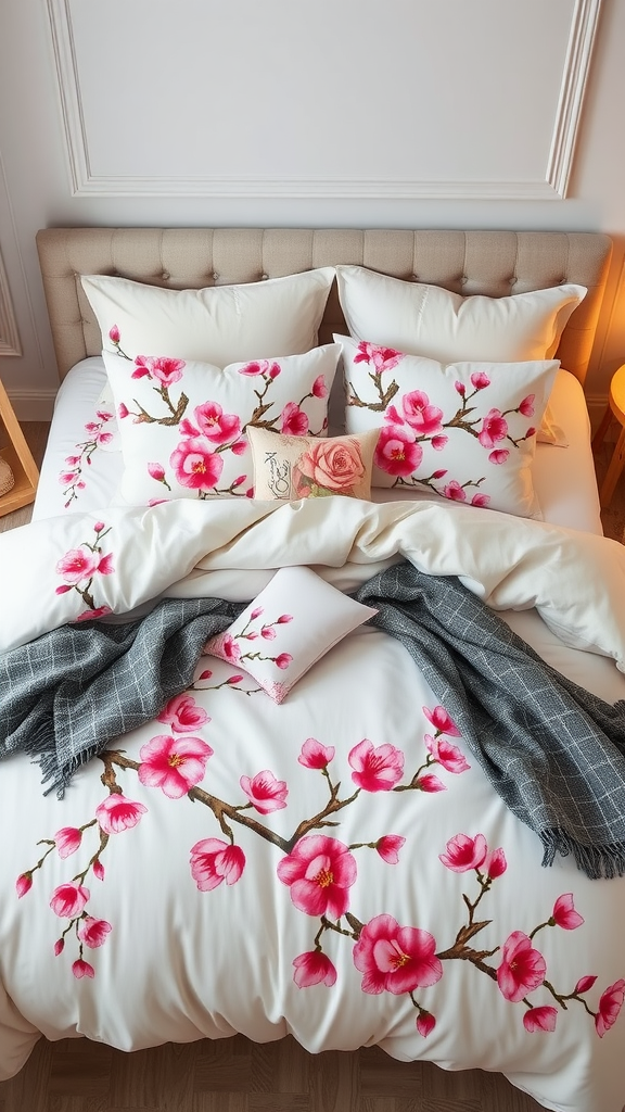 An inviting cherry blossom themed bedding set featuring pink floral designs on a white background, with decorative pillows and a cozy throw.