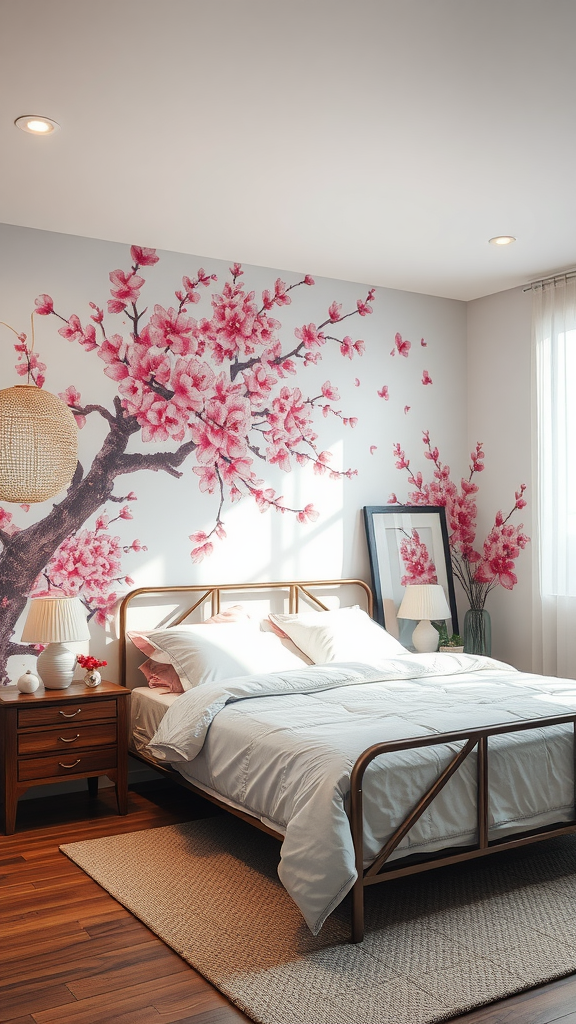 Cozy bedroom with cherry blossom wallpaper featuring pink flowers and wooden furniture