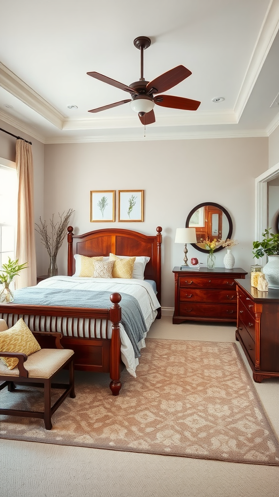 A cozy cherry bedroom featuring rich wooden furniture, neutral walls, and soft bedding.