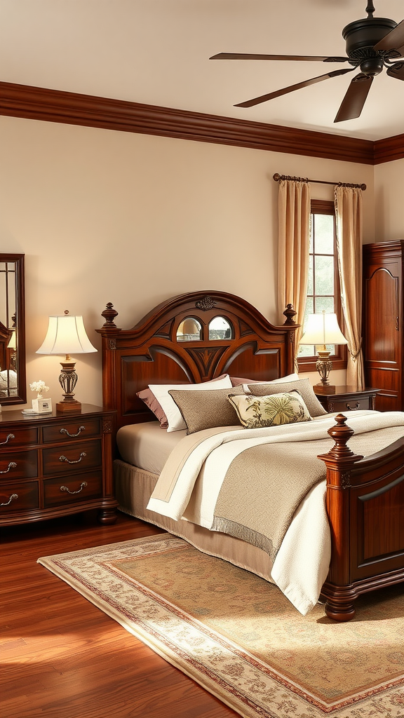 A cozy cherry wood bedroom with an elegant bed, nightstands, and warm lighting.