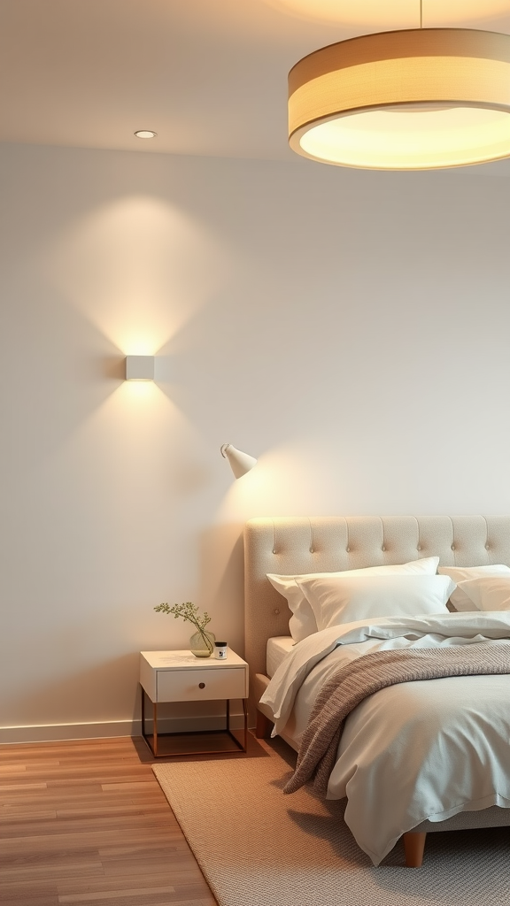 Stylish cream bedroom with modern lighting fixtures