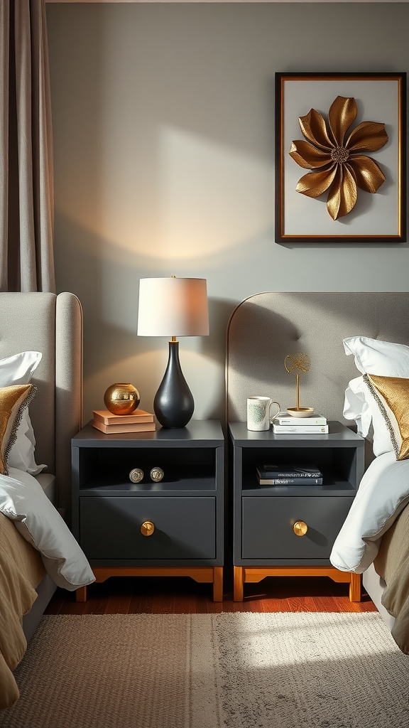 Chic nightstands with dark wood and golden accents in a stylish bedroom