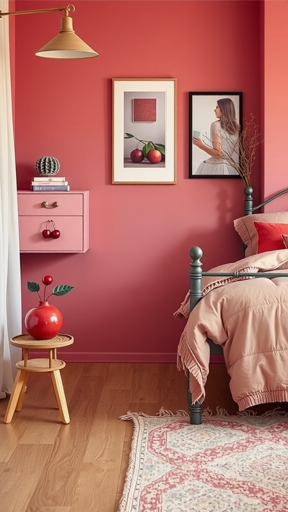 A cozy cherry-themed bedroom with warm red walls, pink nightstand, and stylish decor.