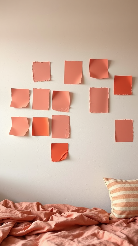 Swatches of coral paint on a wall next to a bed with coral bedding and a striped pillow.
