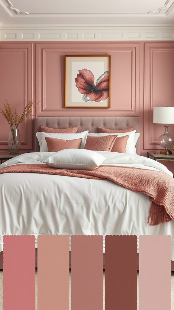 A cozy mauve bedroom with a bed, decorative pillows, and mauve wall color swatches below.