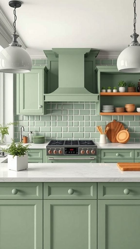 A stylish sage green kitchen featuring cabinets, a backsplash, and natural wood accents.