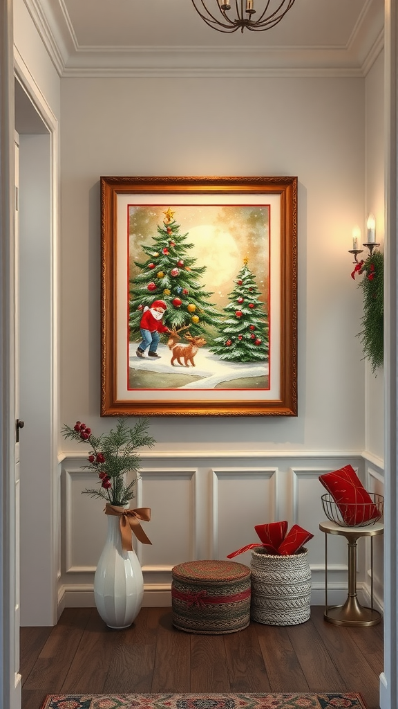 A charming Christmas-themed artwork featuring a child with a dog near two decorated Christmas trees, set in a cozy entryway.