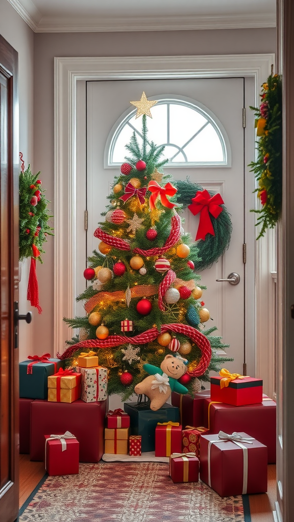 A decorated Christmas tree in an entryway with gifts and wreaths