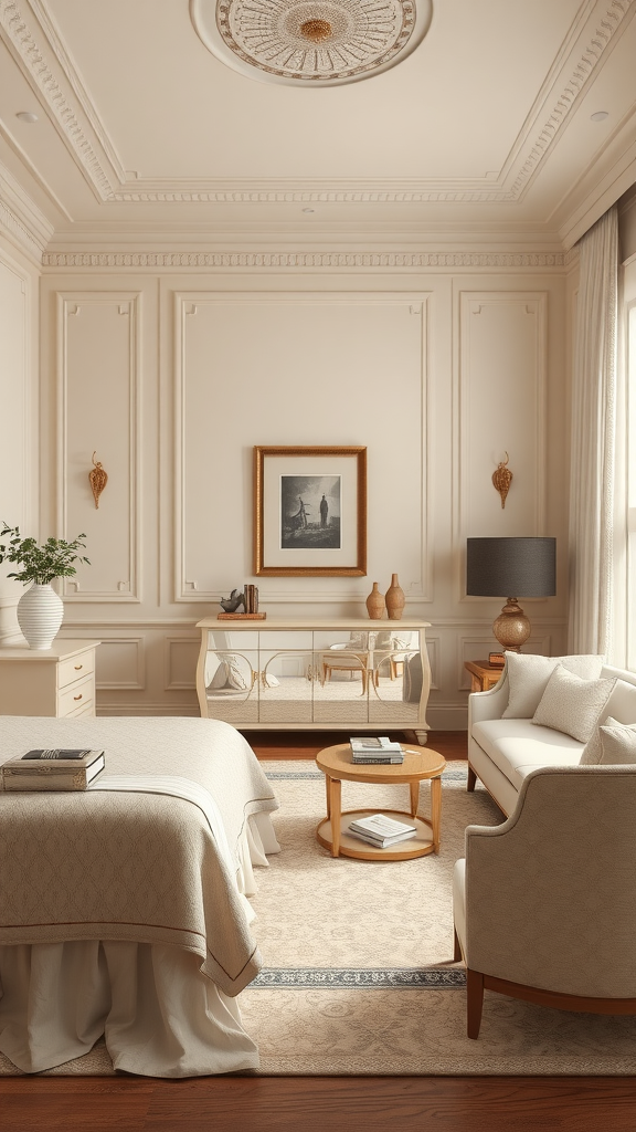A beautifully designed beige bedroom featuring elegant decor and cozy furnishings.