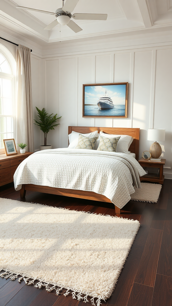 A coastal-inspired bedroom featuring dark wood flooring, light bedding, and a boat-themed artwork.
