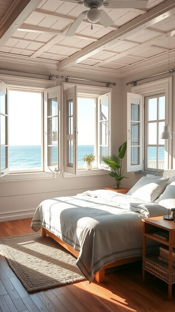A bright coastal bedroom with open windows overlooking the ocean.