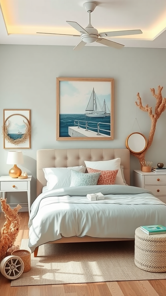 A cozy coral-themed bedroom featuring soft linens, nautical artwork, and coral decorations.