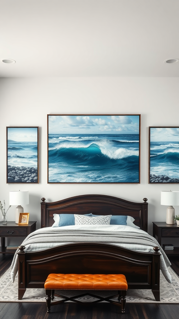 Coastal themed bedroom with dark wood furniture and ocean wave wall art