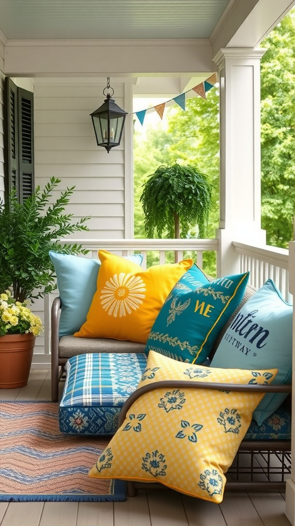 A cozy eastern porch with colorful accent pillows on a couch, featuring various designs and vibrant colors.