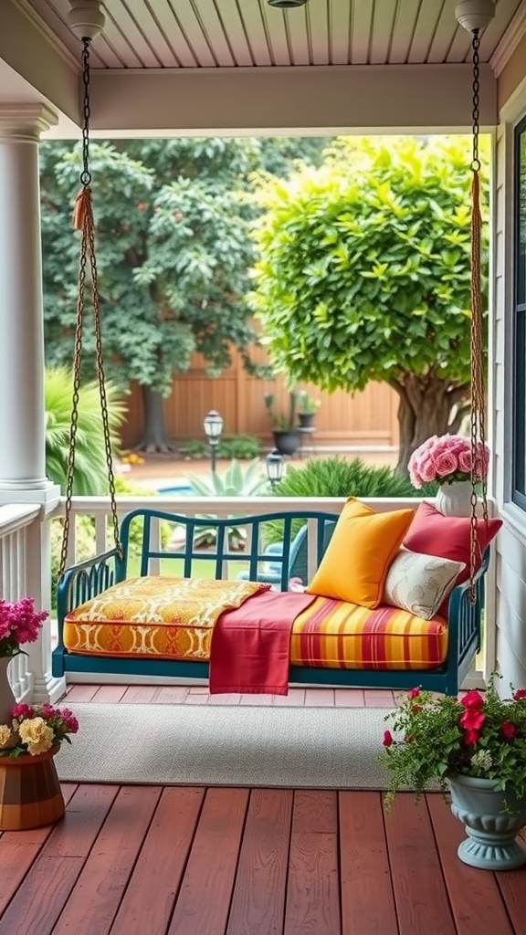 A colorful swing bed on an eastern porch surrounded by flowers and greenery.
