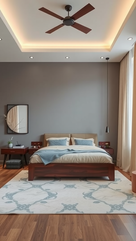 A well-designed cherry bedroom with gray walls and soft blue accents.