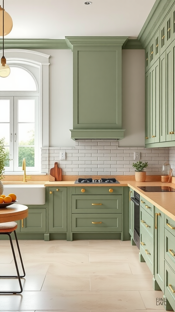 A modern sage green kitchen featuring cabinetry, neutral countertops, and natural lighting.
