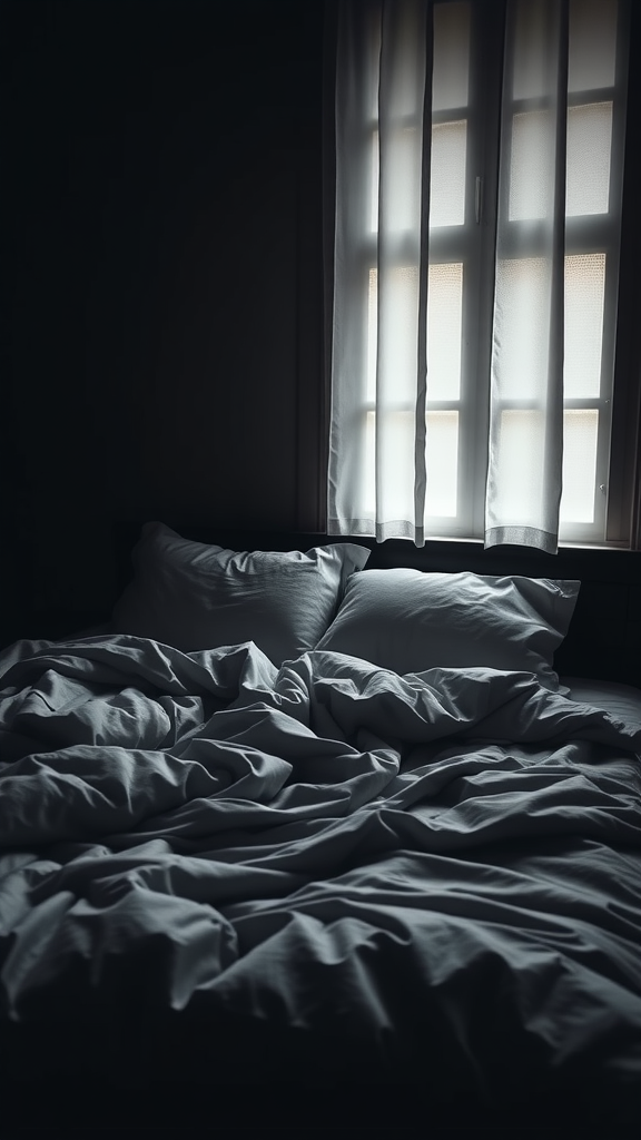 A dark cozy bedroom featuring layered bedding with a soft, crumpled duvet and fluffy pillows.