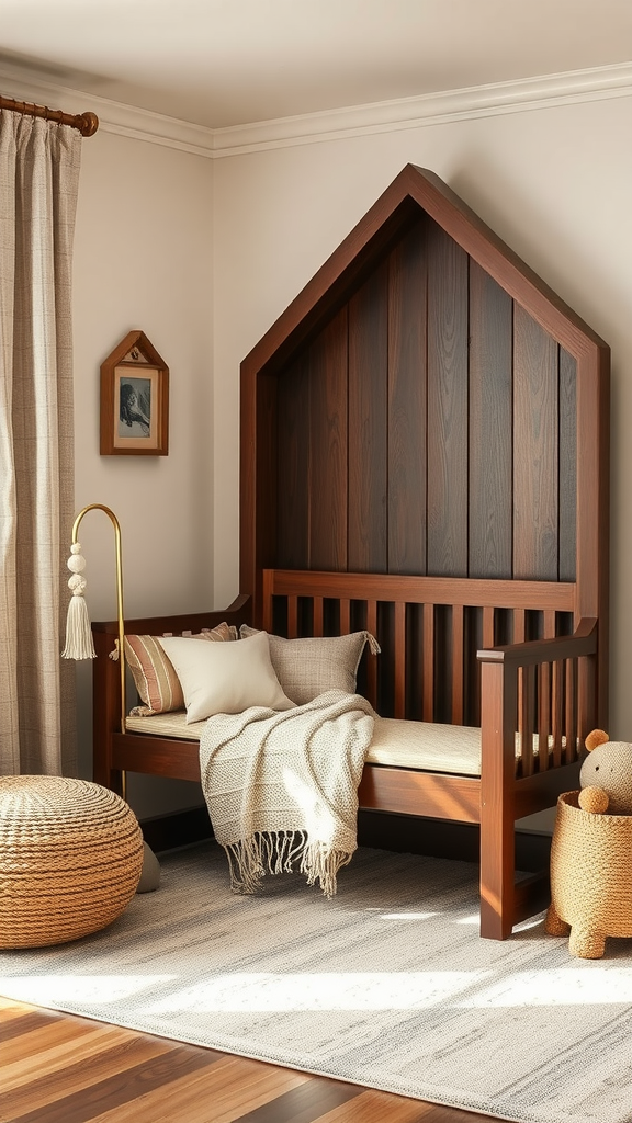 A cozy dark wood bench with cushions, a blanket, and a warm rug in a nursery setting.
