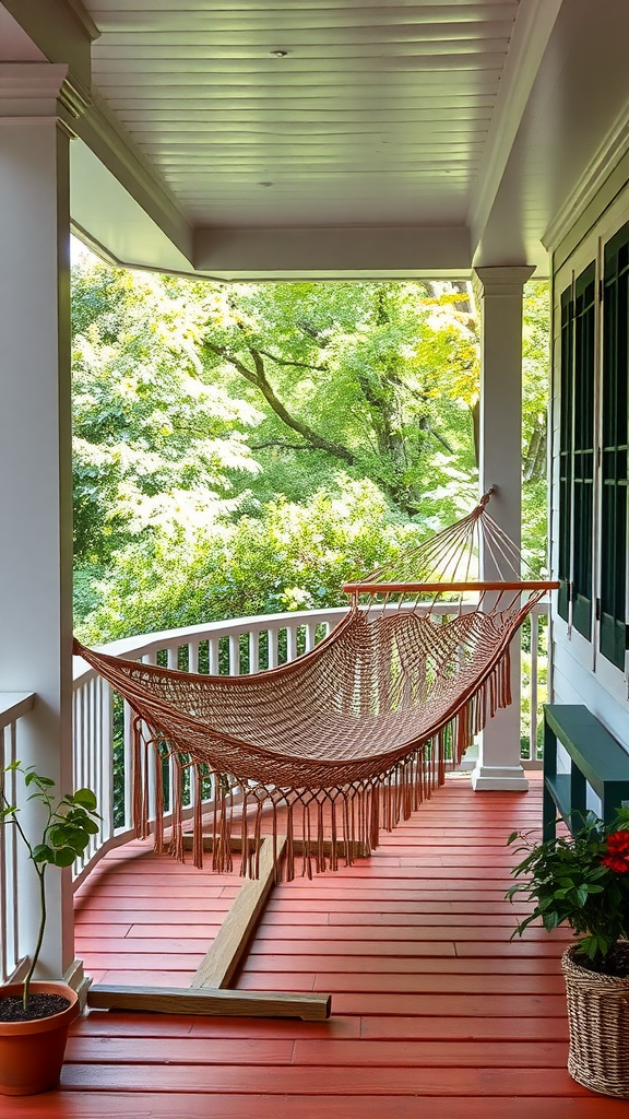 A cozy hammock set up on an eastern porch surrounded by greenery.