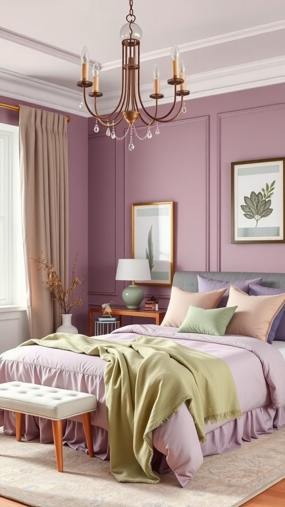 A cozy mauve bedroom featuring a chandelier, soft bedding, and complementary green accents.