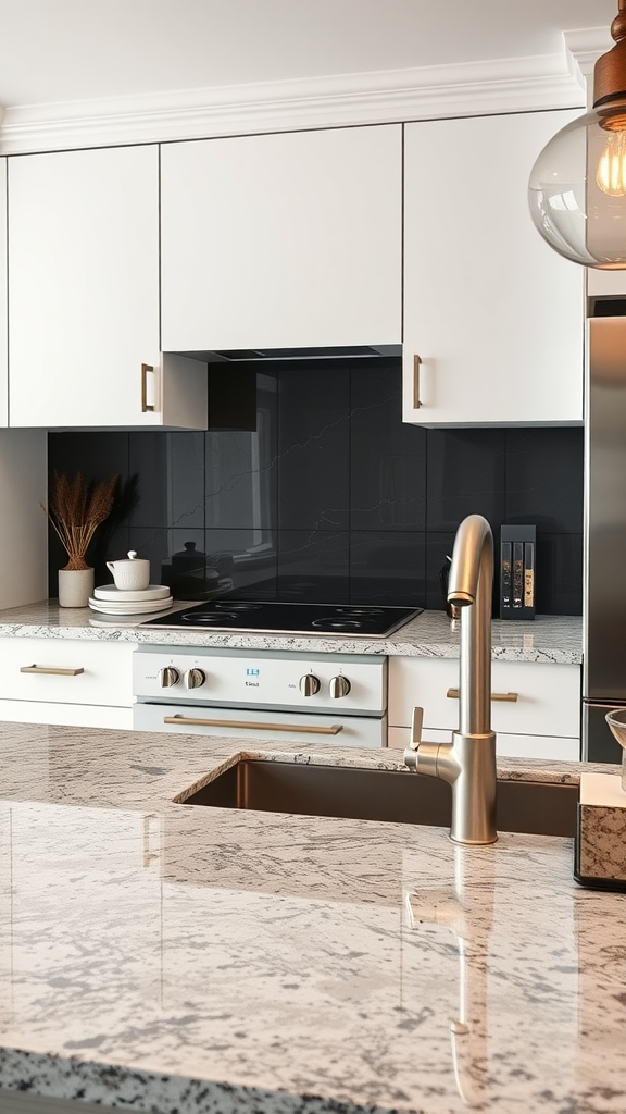 Modern kitchen with dark wood backsplash and granite countertop
