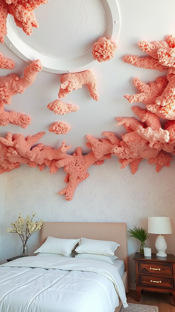 Ceiling decor resembling coral formations in a bedroom