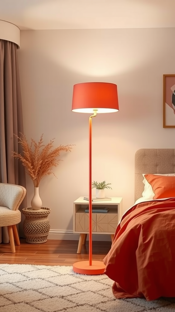 A coral-themed bedroom with a modern coral-inspired floor lamp, featuring a red shade and a slim stand, complementing the decor.