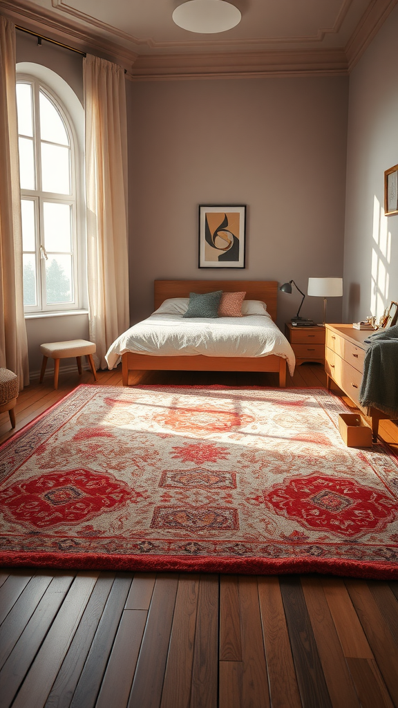 A cozy coral bedroom featuring a richly patterned rug with red tones, a bed, and wooden furniture.