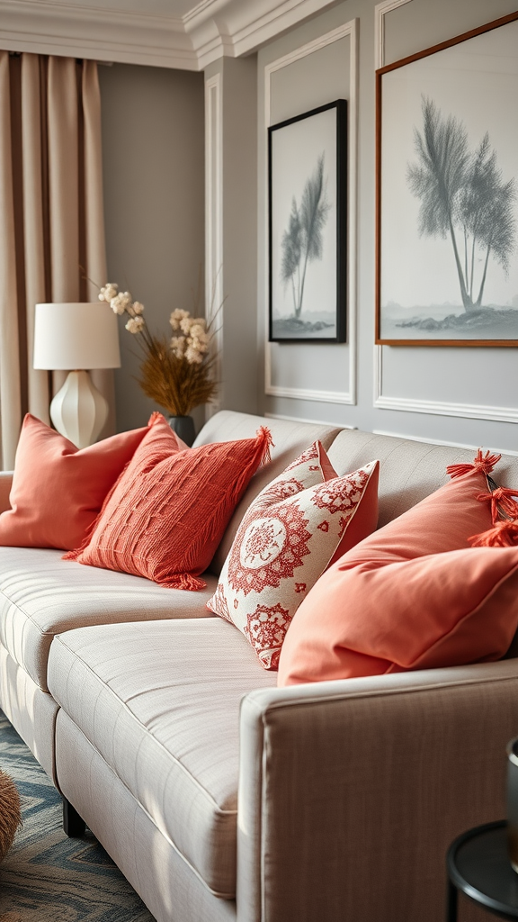A cozy couch adorned with coral-inspired throw pillows in a stylish living room.