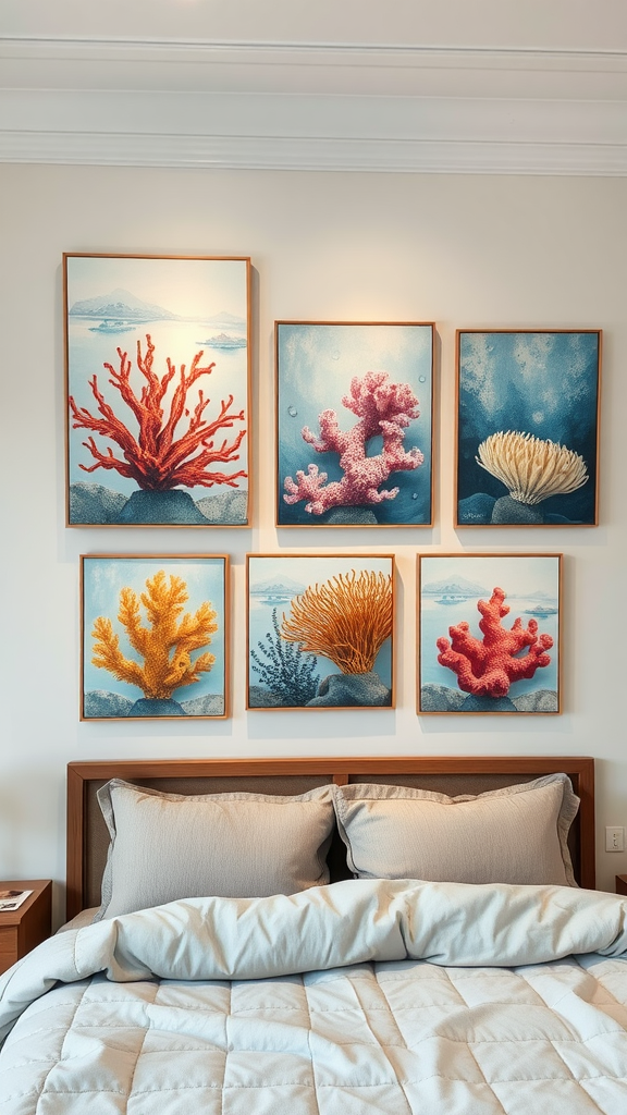 A coral-themed artwork display in a bedroom featuring colorful coral illustrations above a neatly made bed.