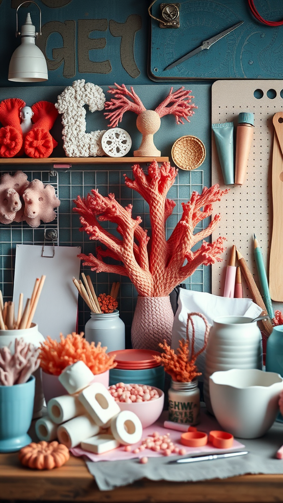 A variety of coral-themed craft supplies arranged on a table, including coral branches, colorful vases, and various craft tools.