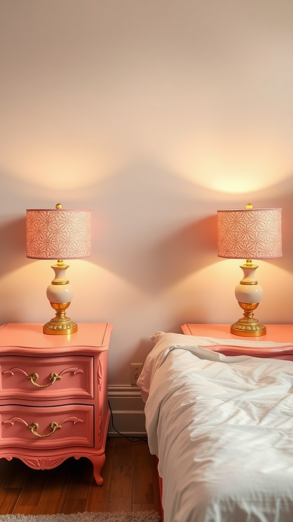 Coral-themed nightstands with matching lamps in a cozy bedroom setting.