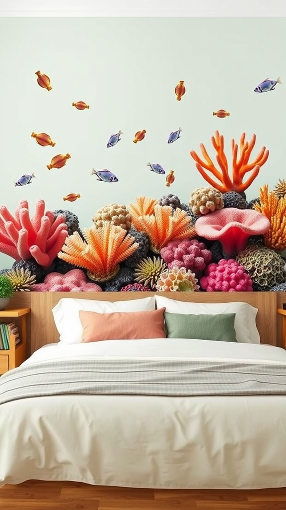 Vibrant coral-themed wall decals in a bedroom with a cozy bed.