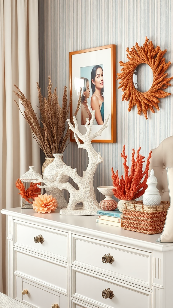 A beautifully decorated coral-themed bedroom with coral accessories and decor items.