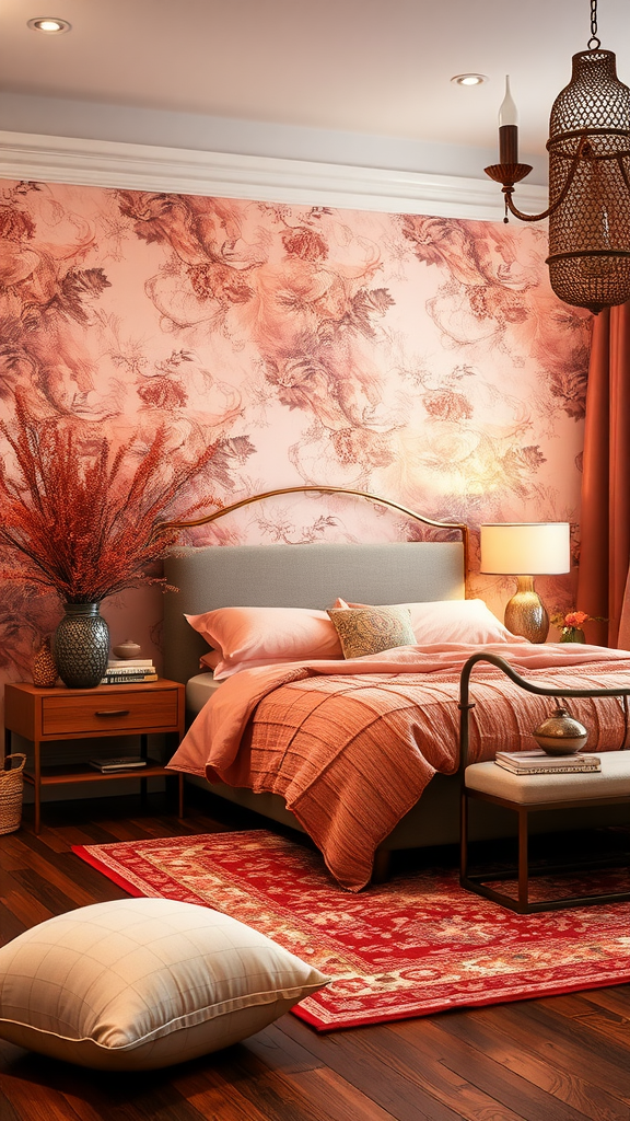 Cozy coral bedroom featuring stylish decor and bronze accents.