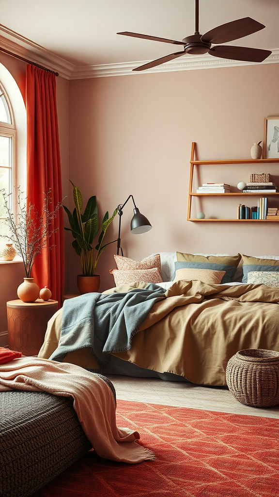 Cozy coral bedroom with earthy tones, featuring plants and soft textiles