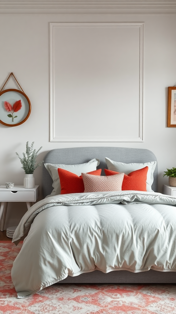 A beautifully styled bedroom featuring a gray comforter with coral pillows and a matching rug, complemented by decorative elements.