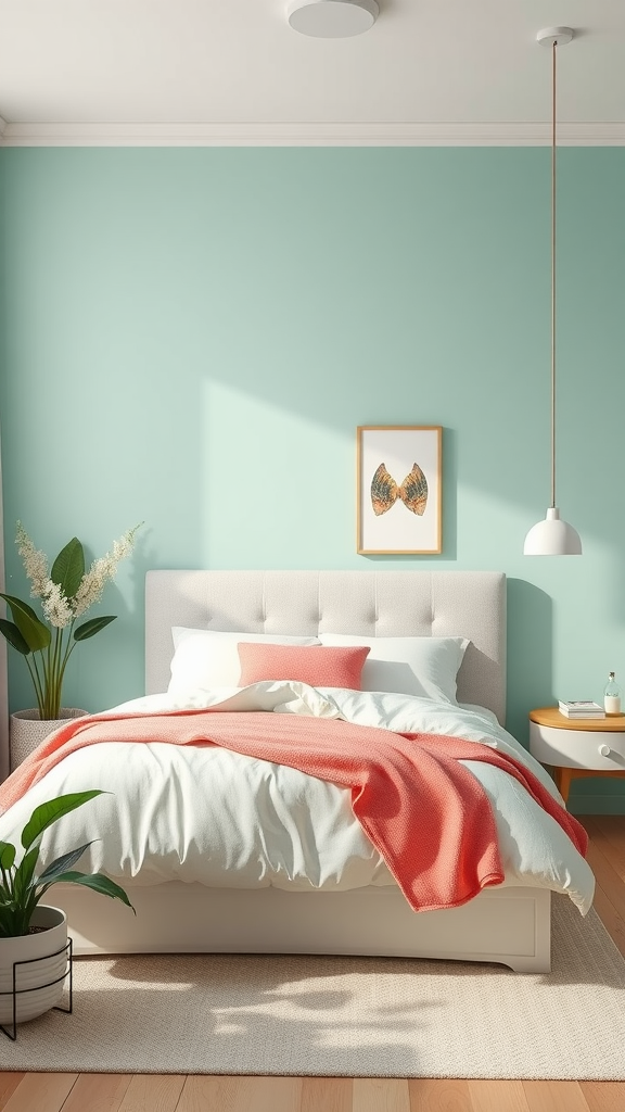 A stylish bedroom with mint green walls, a coral throw blanket on the bed, and a potted plant.