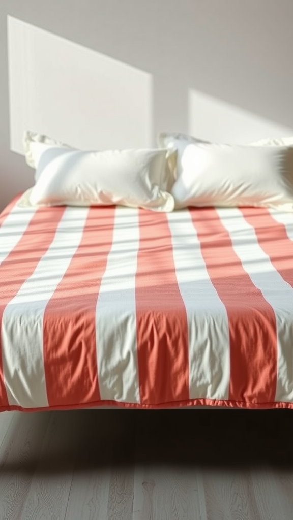 A coral bedroom featuring a bed with coral and white striped bedding and white pillows.