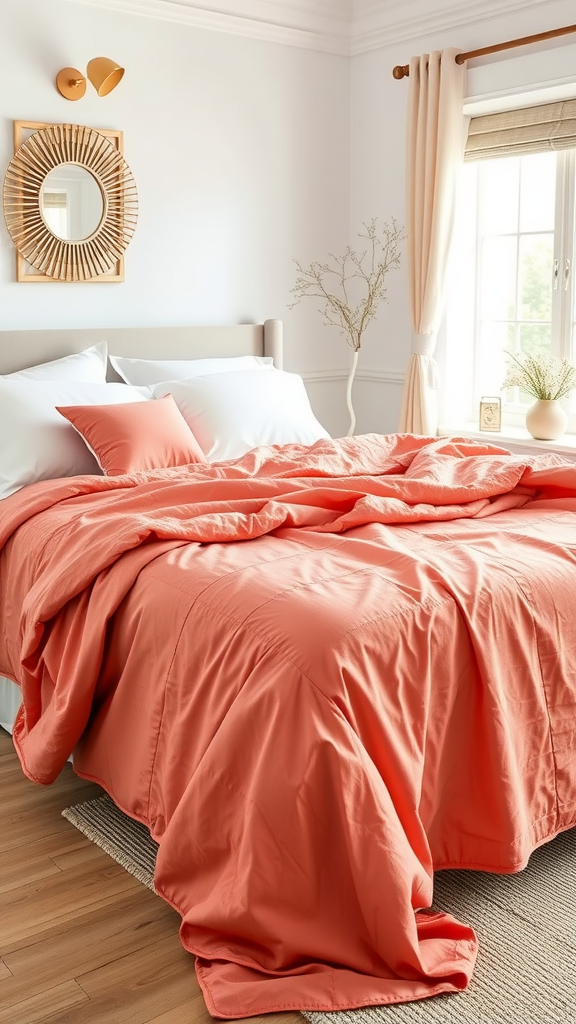 A coral bedspread on a neatly made bed with white pillows and a natural decor accent.