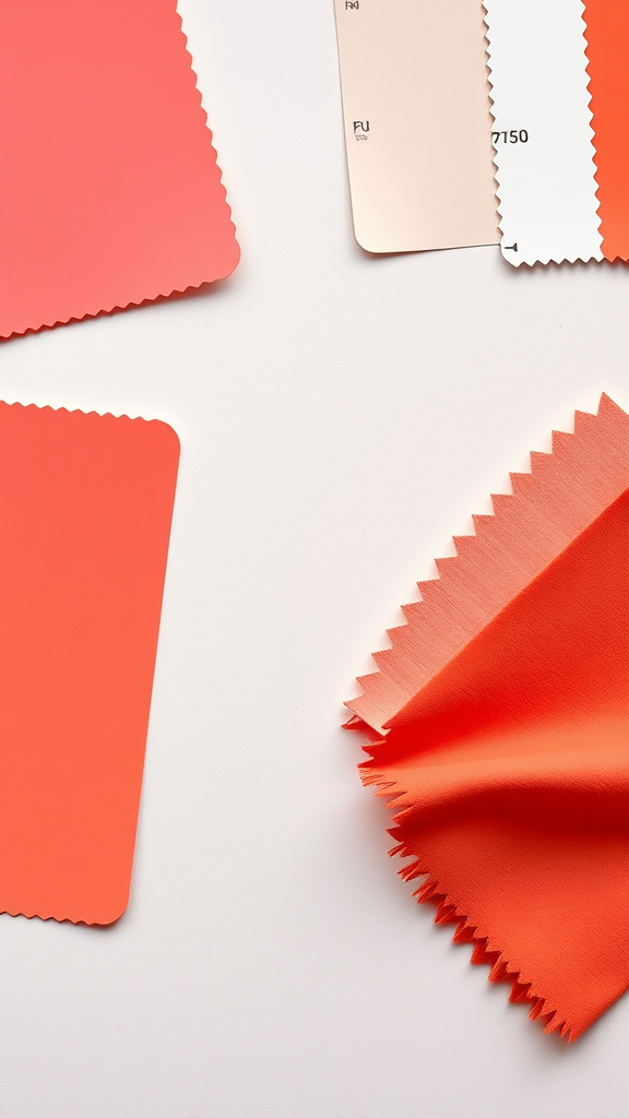 An assortment of coral paint swatches and fabric samples displayed on a white surface