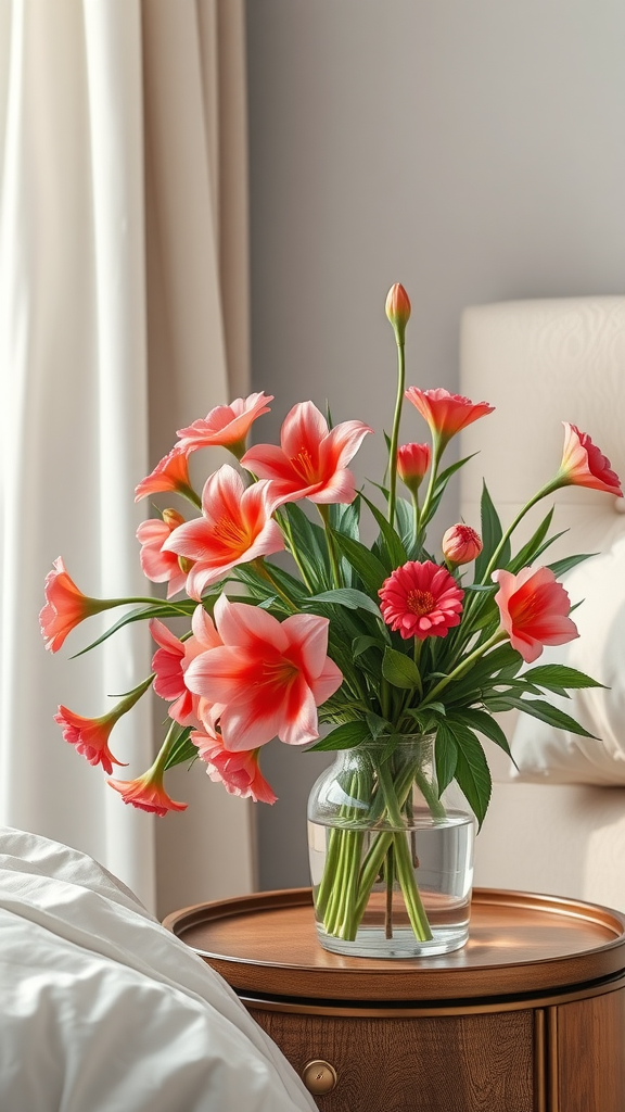 A vibrant bouquet of coral lilies and red flowers in a glass vase on a wooden bedside table in a coral-themed bedroom.