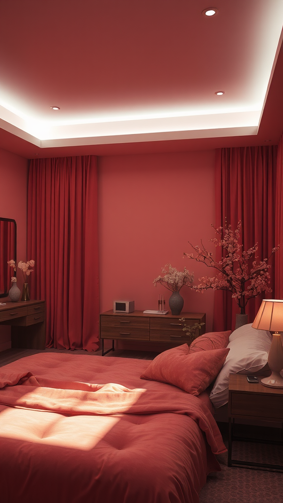 A cozy coral bedroom with warm lighting and soft decor.
