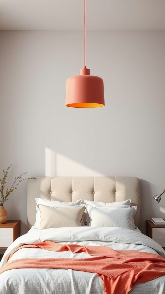 A cozy coral bedroom featuring a pendant light and coral accents on the bed.