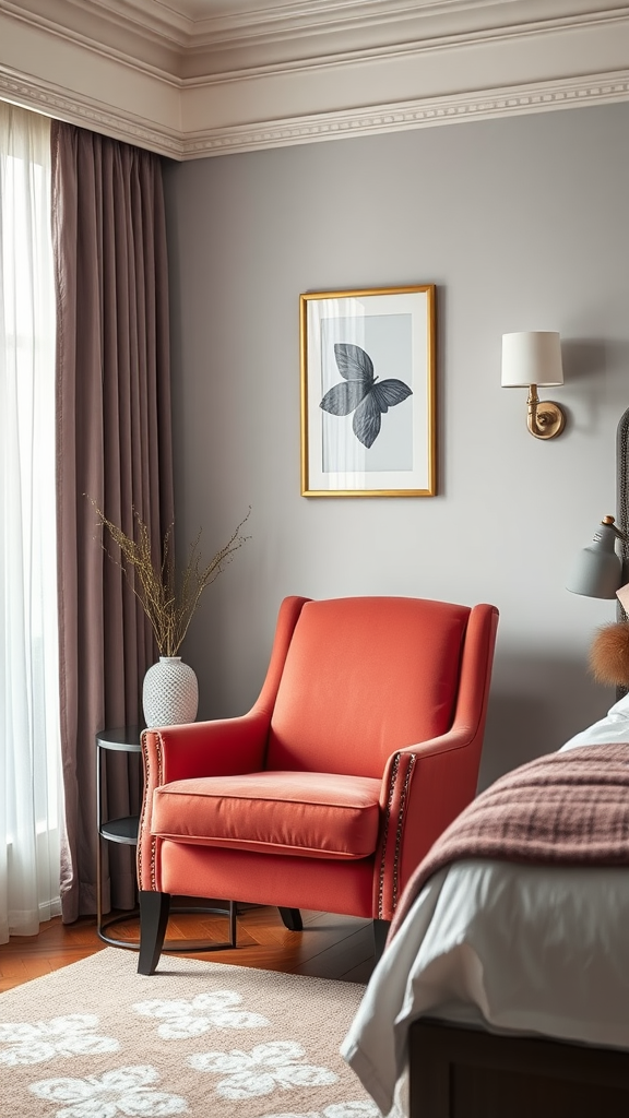 Cozy corner of a coral bedroom featuring a coral upholstered armchair and elegant decor.
