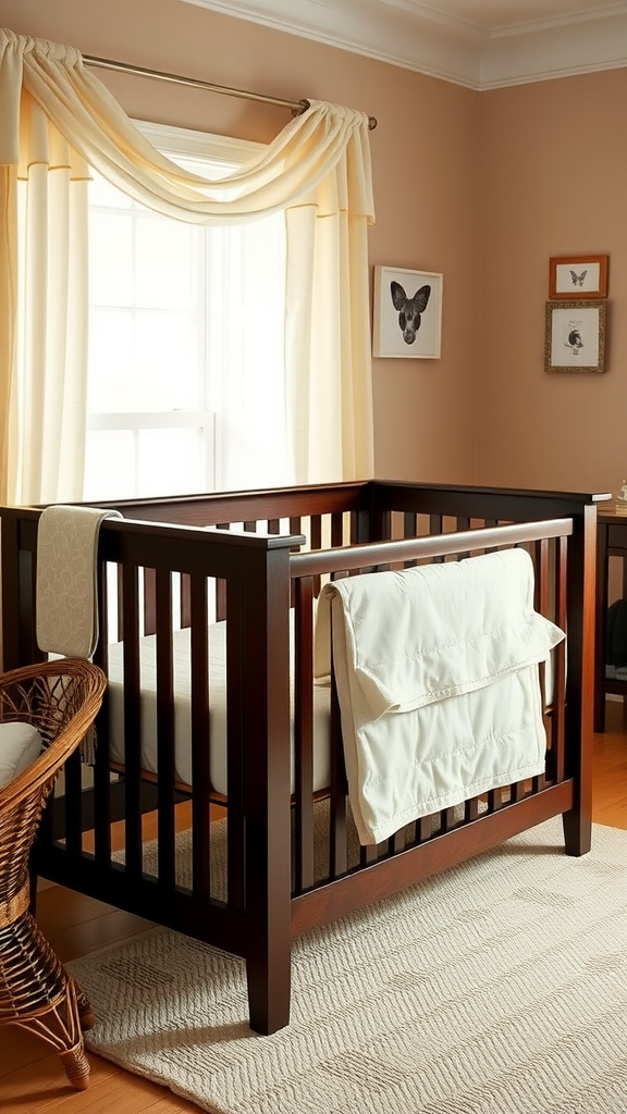 A cozy dark wood crib in a softly lit nursery with a blanket draped over it.